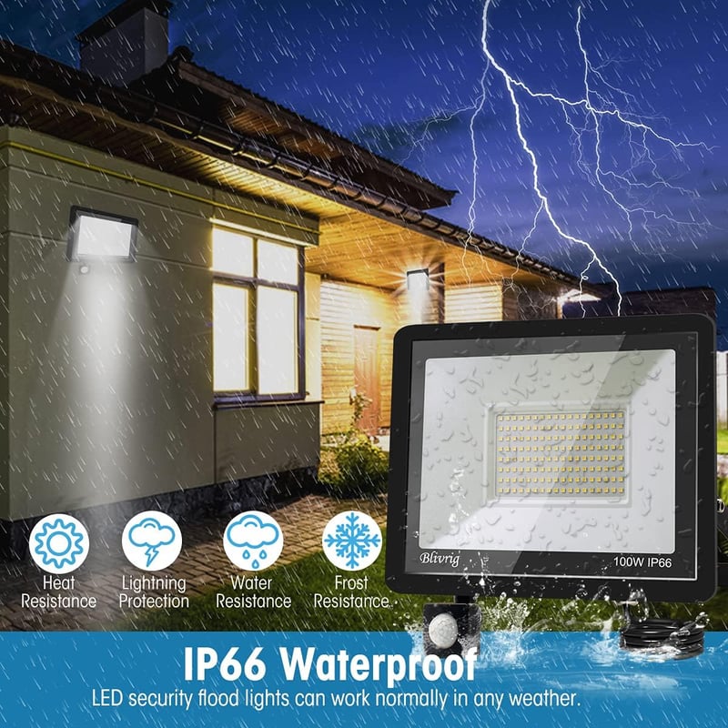 toobettp 100W LED Reflektor Mozgásérzékelővel, 10000 Lumen Meleg Fehér IP66 Vízálló Kültéri