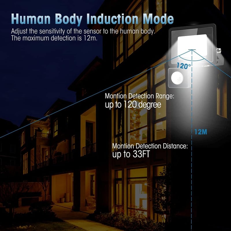 toobettp 100W LED Reflektor Mozgásérzékelővel, 10000 Lumen Meleg Fehér IP66 Vízálló Kültéri