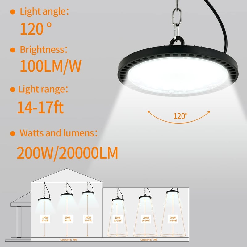 toobettp 200W LED UFO Ipari Lámpa 10000 lm IP65 Hidegfehér Csarnokvilágítás