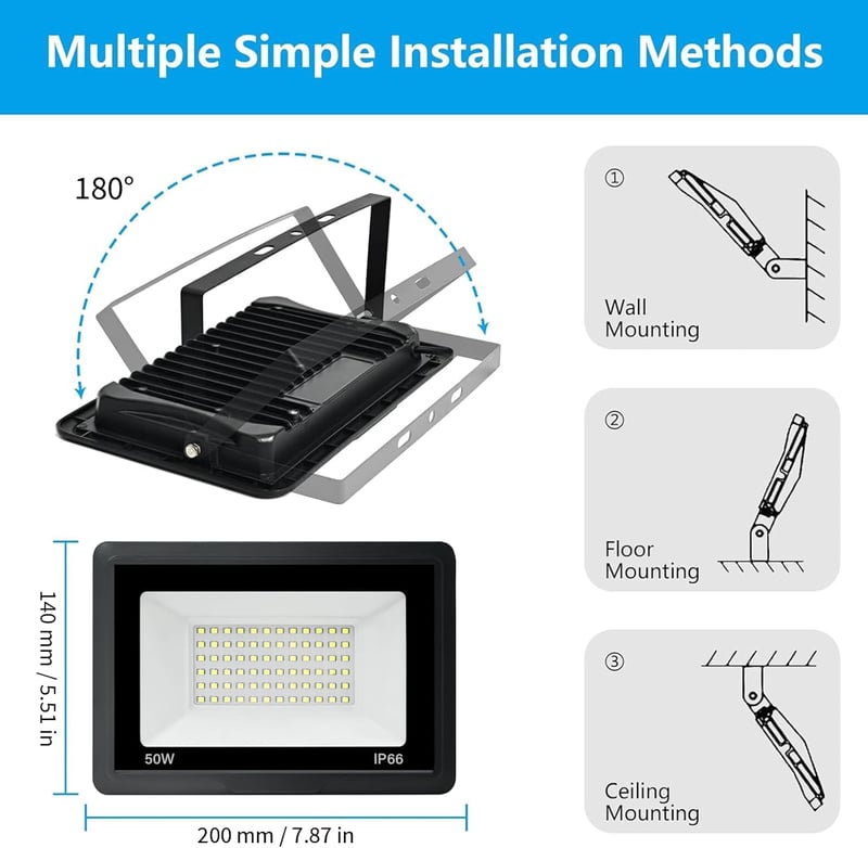 toobettp 50W LED Kültéri Reflektor 6000K 5000 Lumen IP66 Vízálló Kerti Lámpa 2db