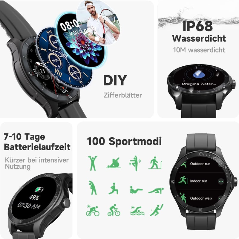 TOOBUR Alexa Smartwatch 44mm Fitness Óra Szívritmus Monitor IP68 Vízálló Android iOS