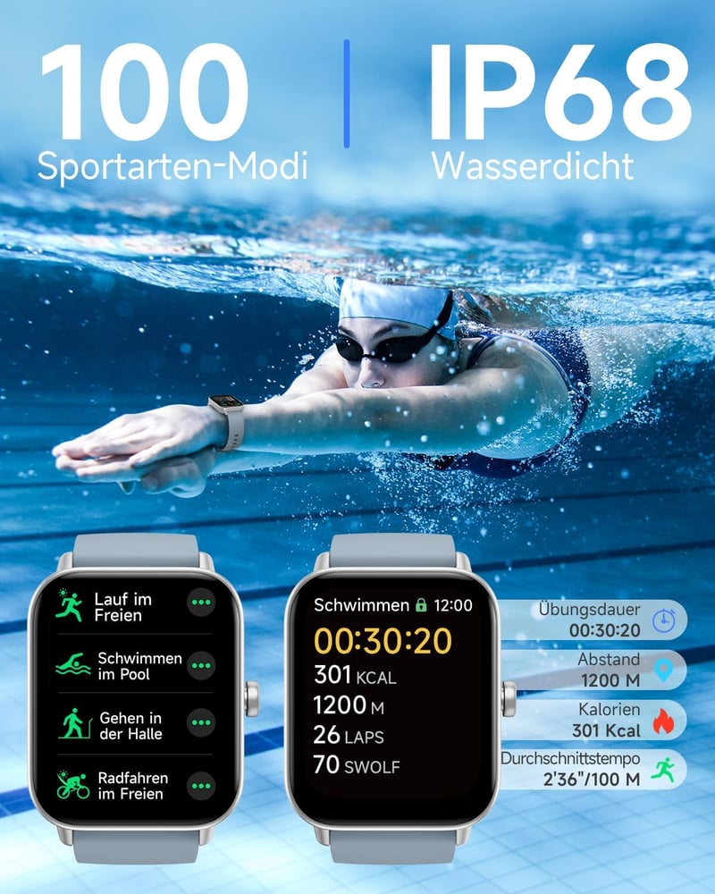 TOOBUR Smartwatch Nőknek 1.8" Fitness Tracker 100 Sport Pulzusmérő IP68 Vízálló - blue