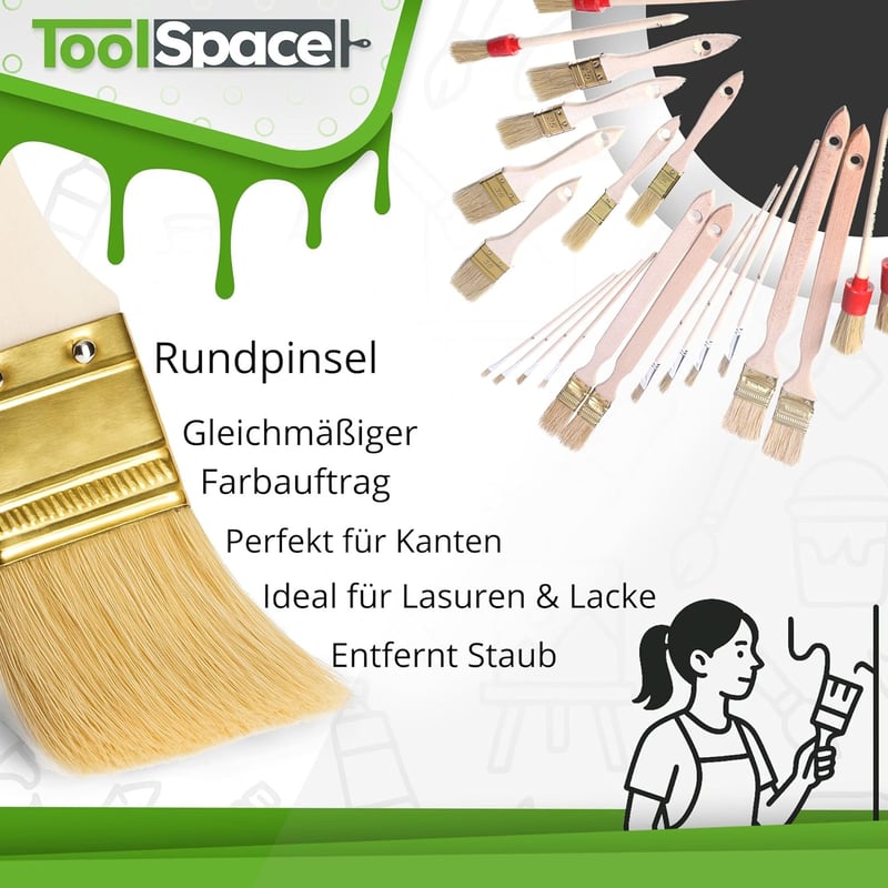 ToolSpace 22 részes ecsetkészlet - 4 radiátor ecset, 14 lapos ecset, 4 kerek ecset - Természetes sörte, fa nyél - Festéshez, lakkozáshoz
