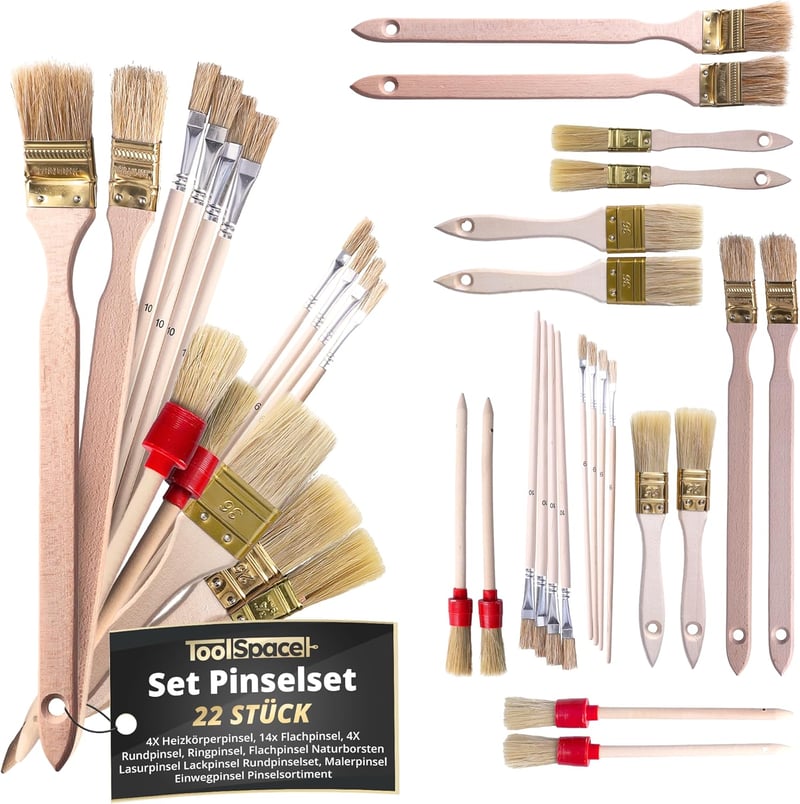 ToolSpace 22 részes ecsetkészlet - 4 radiátor ecset, 14 lapos ecset, 4 kerek ecset - Természetes sörte, fa nyél - Festéshez, lakkozáshoz