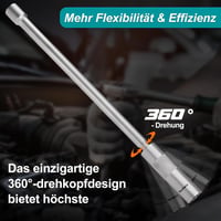 Toolwiz 14 mm-es gyújtógyertya dugókulcs 30 cm-es hosszabbítóval, 12 pontos 3/8" meghajtás, 360° forgó, mágnessel, vékonyfalú Cr-V acél 3