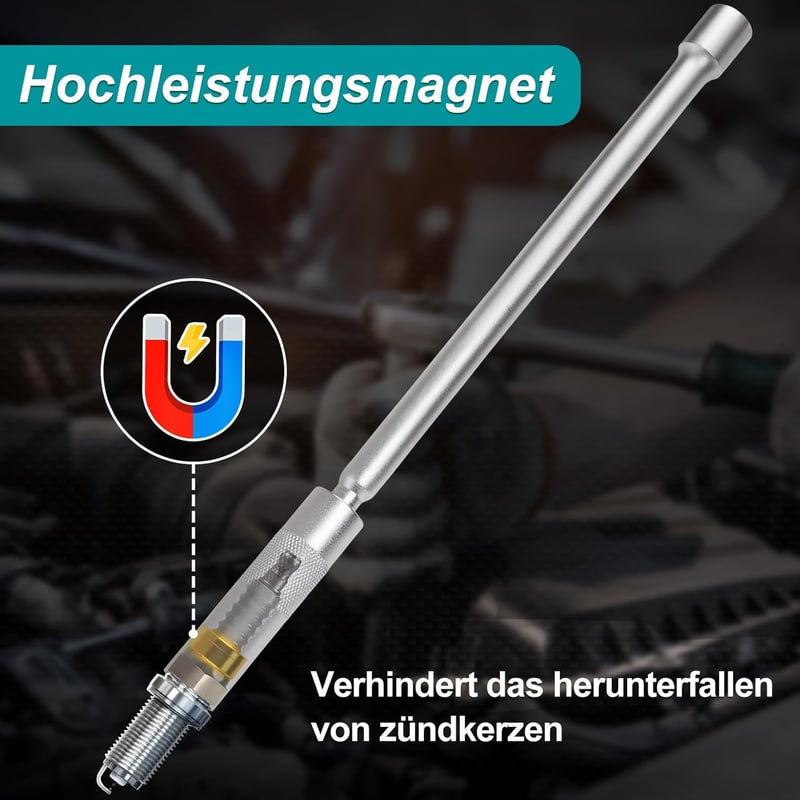 Toolwiz 14 mm-es gyújtógyertya dugókulcs 30 cm-es hosszabbítóval, 12 pontos 3/8" meghajtás, 360° forgó, mágnessel, vékonyfalú Cr-V acél