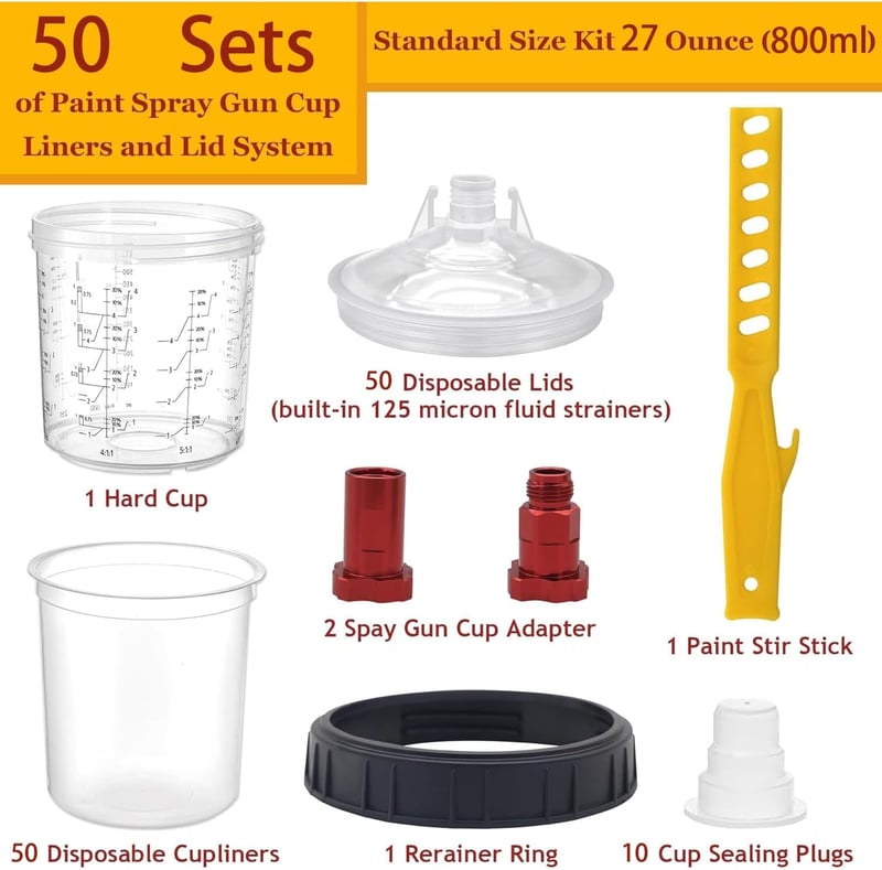 TOOSOAR 800ml Festékkevert pohár 50db fedővel + alumínium adapter + keverőbot