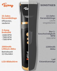 Toozey Professzionális Kutyanyíró - 7500 RPM Erős Motor, Csendes Működés, 33 Fogas Titán-Kerámia Penge, Vezeték Nélküli, Macskákhoz is, 6 Vá 2