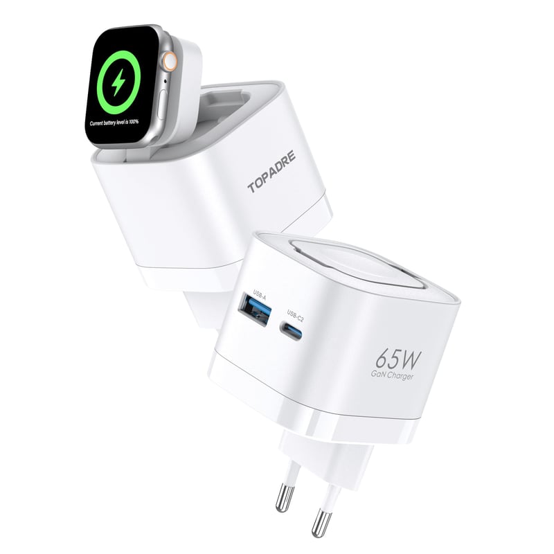 TOPADRE 3 v 1 65W USB-C nabíjačka pre Apple Watch, iPhone, AirPods, MacBook, iPad Pro, Air, iWatch 11/10/9/8/7/Ultra/SE, PD 3.0 rýchlonabíjačka, biela