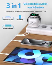 TOPADRE 3 v 1 65W USB-C nabíjačka pre Apple Watch, iPhone, AirPods, MacBook, iPad Pro, Air, iWatch 11/10/9/8/7/Ultra/SE, PD 3.0 rýchlonabíjačka, biela 4