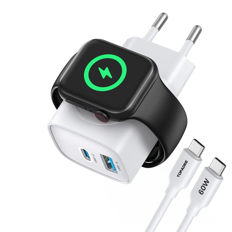 TOPADRE 3 v 1 Nabíjačka na Apple Watch s 20W USB-C rýchlonabíjačkou, kompatibilná s iPhone 17/16/15/14/13, AirPods a iPad, 1 m kábel, biela