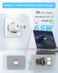 Nabíjačka TOPADRE 65W USB-C s káblom, 3-portová rýchlonabíjačka PD 3.0 PPS QC 4.0, kompatibilná s MacBook, iPad, iPhone, Samsung Galaxy, biela 2
