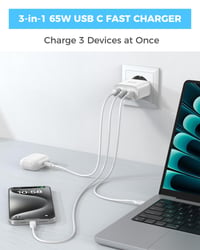 Nabíjačka TOPADRE 65W USB-C s káblom, 3-portová rýchlonabíjačka PD 3.0 PPS QC 4.0, kompatibilná s MacBook, iPad, iPhone, Samsung Galaxy, biela 3