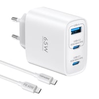 Nabíjačka TOPADRE 65W USB-C s káblom, 3-portová rýchlonabíjačka PD 3.0 PPS QC 4.0, kompatibilná s MacBook, iPad, iPhone, Samsung Galaxy, biela 1