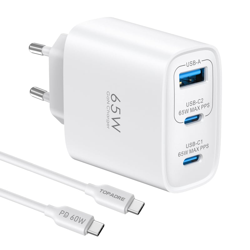 Nabíjačka TOPADRE 65W USB-C s káblom, 3-portová rýchlonabíjačka PD 3.0 PPS QC 4.0, kompatibilná s MacBook, iPad, iPhone, Samsung Galaxy, biela
