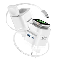 TOPADRE 65W USB-C Výsuvná sieťová nabíjačka s 3 portami pre Apple Watch iWatch s11/10/9/8/SE/Ultra MacBook iPad iPhone 17/16/15 Galaxy Rýchlonabíjačka biela 1