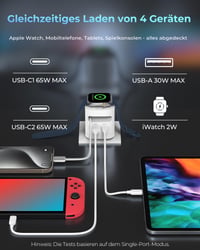 TOPADRE 65W USB-C Výsuvná sieťová nabíjačka s 3 portami pre Apple Watch iWatch s11/10/9/8/SE/Ultra MacBook iPad iPhone 17/16/15 Galaxy Rýchlonabíjačka biela 5