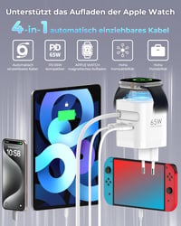 TOPADRE 65W USB-C Výsuvná sieťová nabíjačka s 3 portami pre Apple Watch iWatch s11/10/9/8/SE/Ultra MacBook iPad iPhone 17/16/15 Galaxy Rýchlonabíjačka biela 2