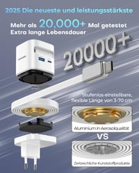TOPADRE 65W USB-C Výsuvná sieťová nabíjačka s 3 portami pre Apple Watch iWatch s11/10/9/8/SE/Ultra MacBook iPad iPhone 17/16/15 Galaxy Rýchlonabíjačka biela 3
