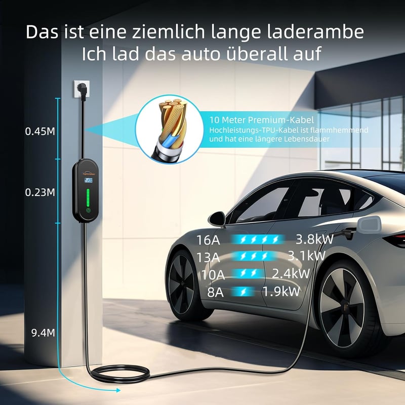 TopAutoGear Type 2 Schuko elektromos autó töltőkábel 10m 3.68kW IP65 vízálló