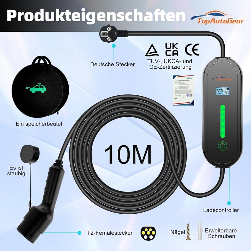TopAutoGear Type 2 Schuko elektromos autó töltőkábel 10m 3.68kW IP65 vízálló