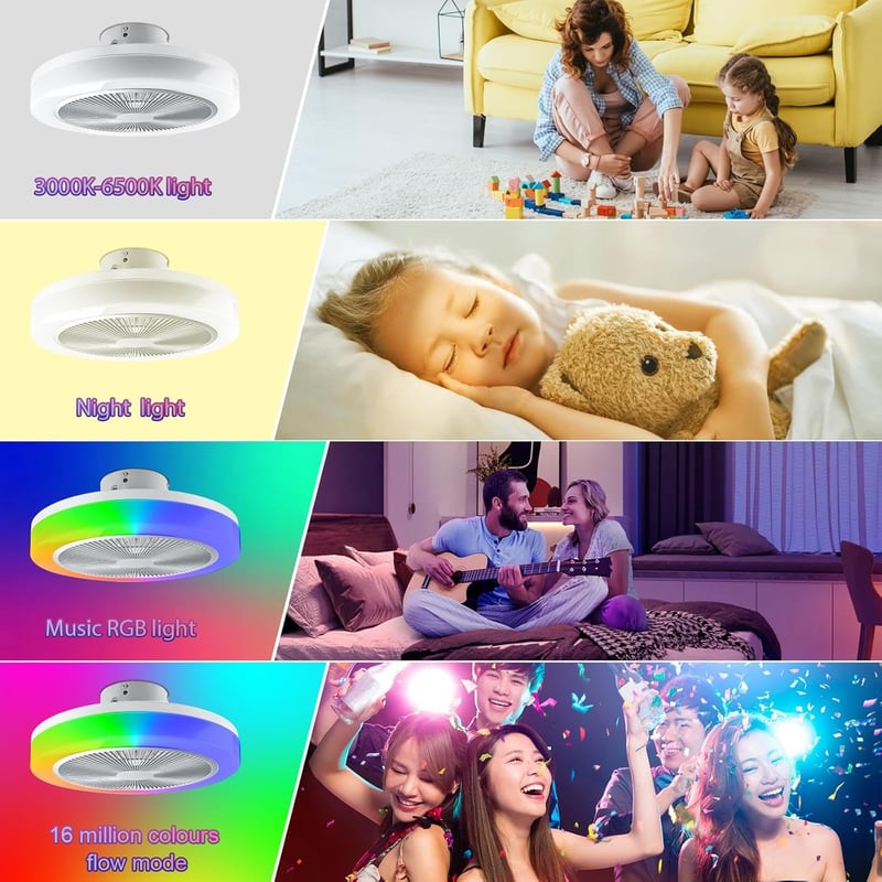 TOPBOS RGB Mennyezeti Ventilátor Lámpával, Távirányítós LED Világítás, Csendes Modern Mennyezeti Ventilátor 30W IP54