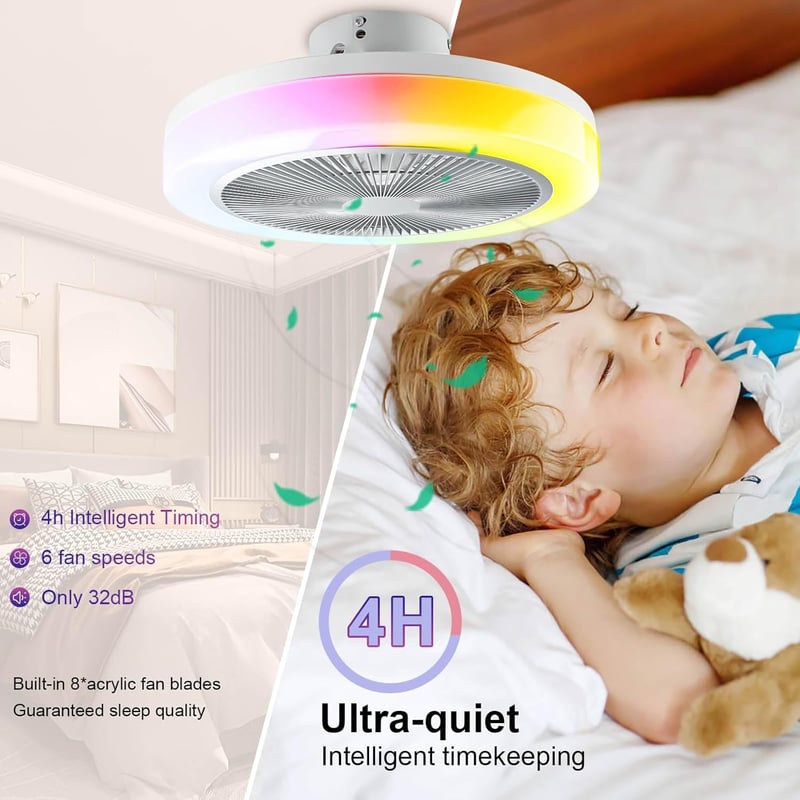 TOPBOS RGB Mennyezeti Ventilátor Lámpával, Távirányítós LED Világítás, Csendes Modern Mennyezeti Ventilátor 30W IP54