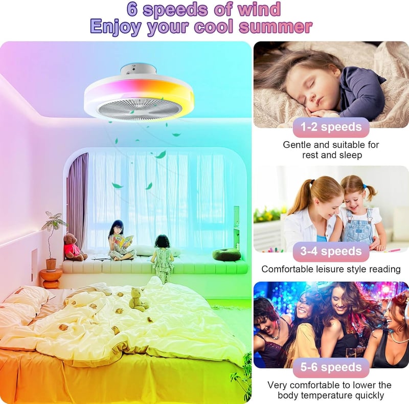 TOPBOS RGB Mennyezeti Ventilátor Lámpával, Távirányítós LED Világítás, Csendes Modern Mennyezeti Ventilátor 30W IP54