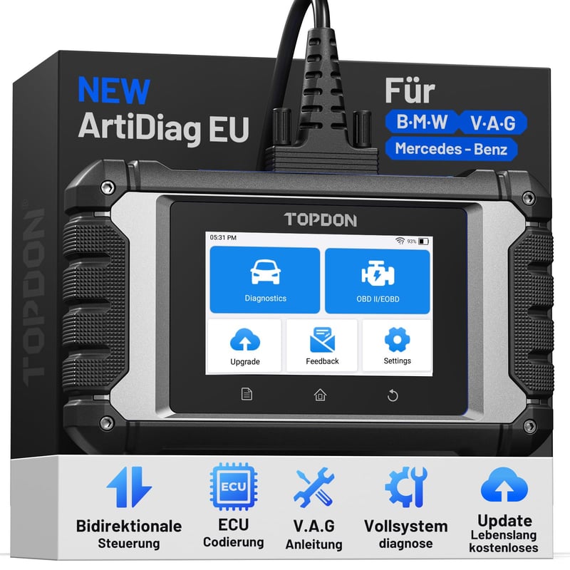 TOPDON ArtiDiag EU OBD2 Autodiagnostické zariadenie pre BMW/Benz/V.A.G, kompletná diagnostika systémov, obojsmerné ovládanie, online kódovanie ECU, doživotné bezplatné aktualizácie