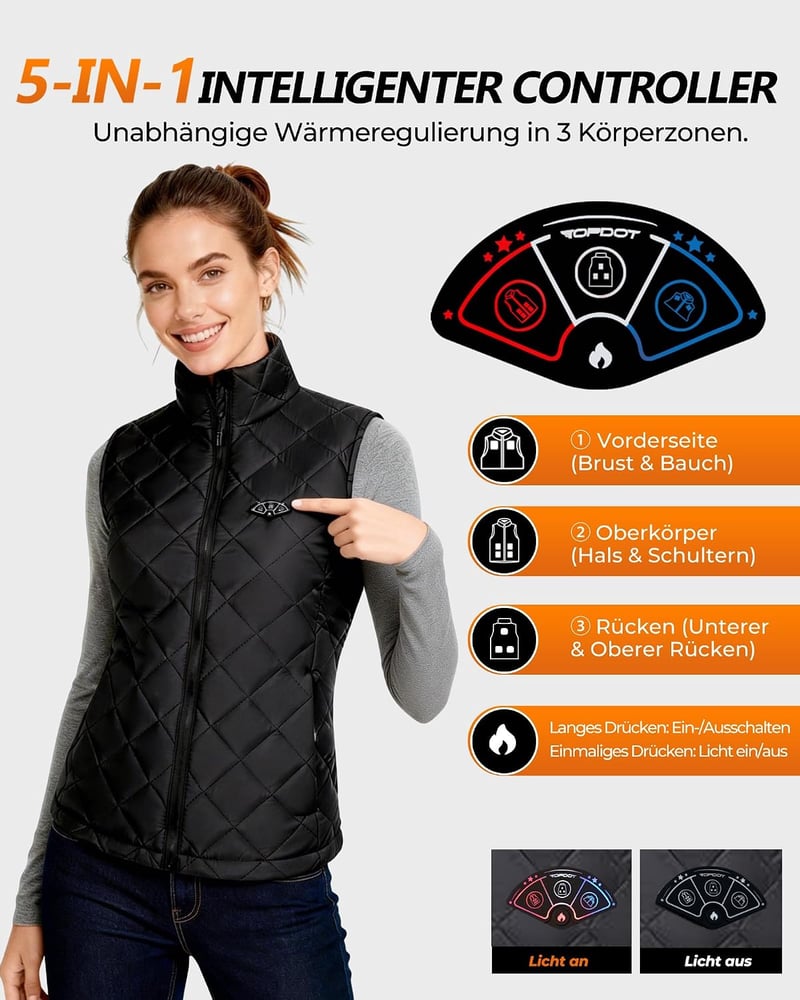 Topdot Női fűtött mellény powerbankkal 16000 mAh 7,4V 10 fűtőzónával 3 fokozatú téli outdoor elektromos melegítő mellény fekete