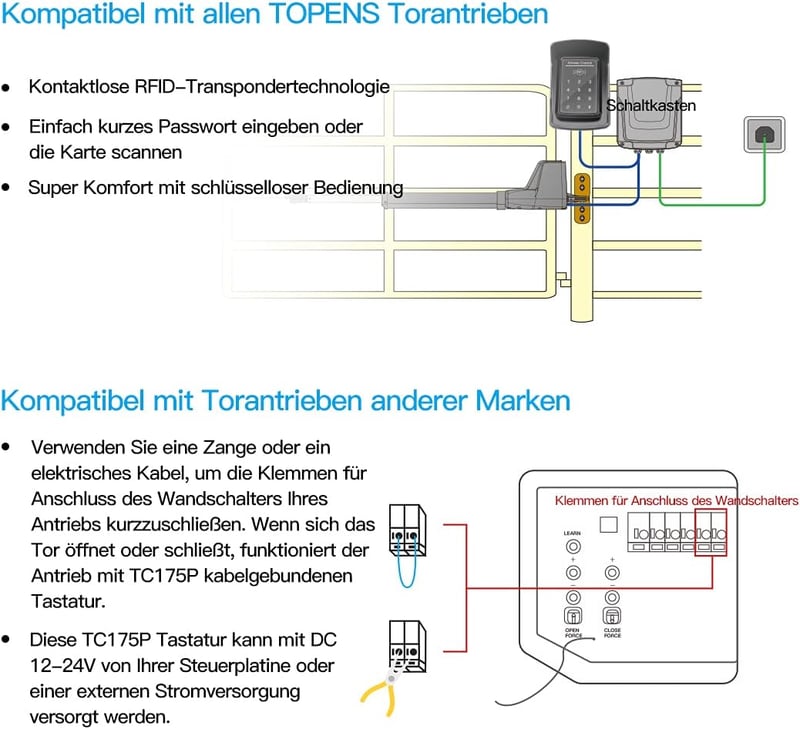 TOPENS TC175P Vezetékes Kapu Nyitó Digitális Billentyűzettel PIN Kód Záras Vízálló