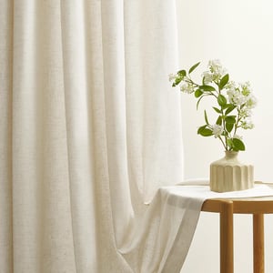 Set de perdele scurte Topfinel bej, semitransparente, cu aspect de in și bumbac natural, cu inele, 2 bucăți, 145x140 cm, pentru bucătărie sau dormitor, stil boho