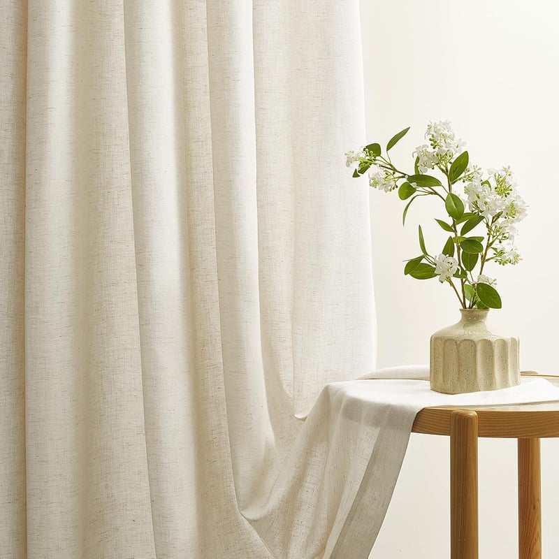 Set de perdele scurte Topfinel bej, semitransparente, cu aspect de in și bumbac natural, cu inele, 2 bucăți, 145x140 cm, pentru bucătărie sau dormitor, stil boho