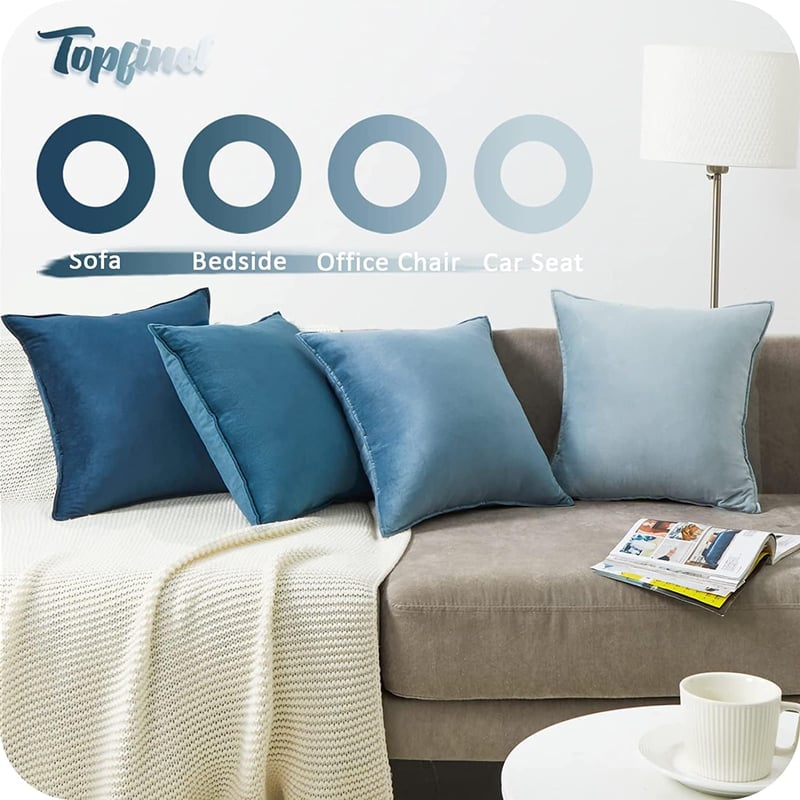 Topfinel Kék Bársony Párnahuzat Szett 50x50 cm - 4 db Színátmenetes Puha Dekorációs Huzat Kanapéra, Nappaliba, Gyerekszobába - Cipzáras, Mos