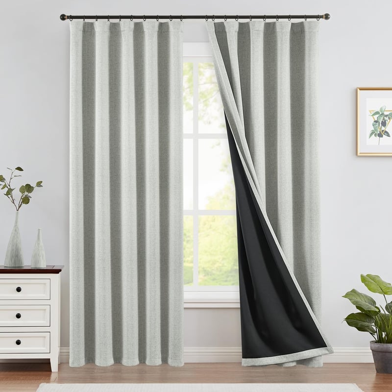 TOPICK 100% zatemňovací záves 2 ks, 245x140 cm, sivý, so vzhľadom ľanu, termozáves do obývačky a spálne, moderný vidiecky štýl
