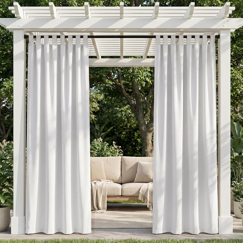 TOPICK set 2 perdele exterioare impermeabile cu bride, alb, 132 x 275 cm, pentru pergolă, potrivite și pentru interior, terasă, balcon, protecție pentru intimitate