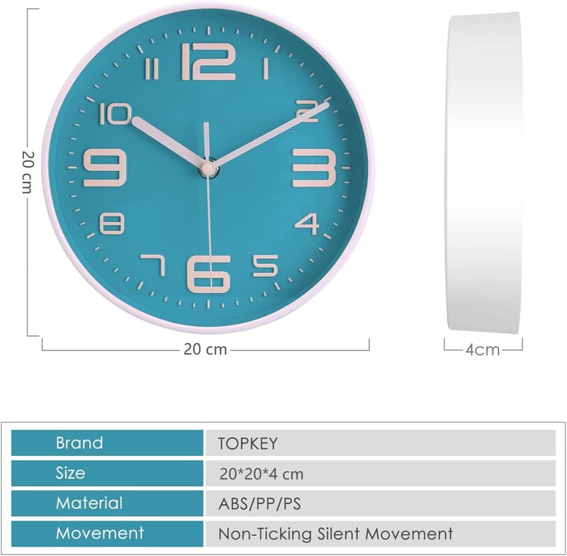 Topkey 8 Inch Csendes Falióra Nagy Számokkal Nem Ketyegő Konyha Nappali Iroda Türkiz - 8 Zoll, Turquoise