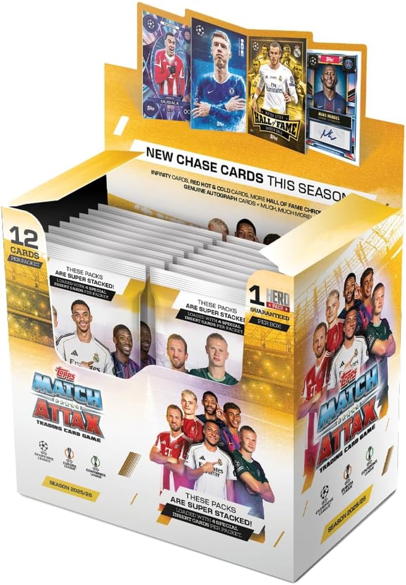 Cutie completă Topps UCC Match Attax 2025/26 cu cartonașe de colecție, 32 de pachete, 4 cartonașe speciale per pachet, 12 cartonașe per pachet