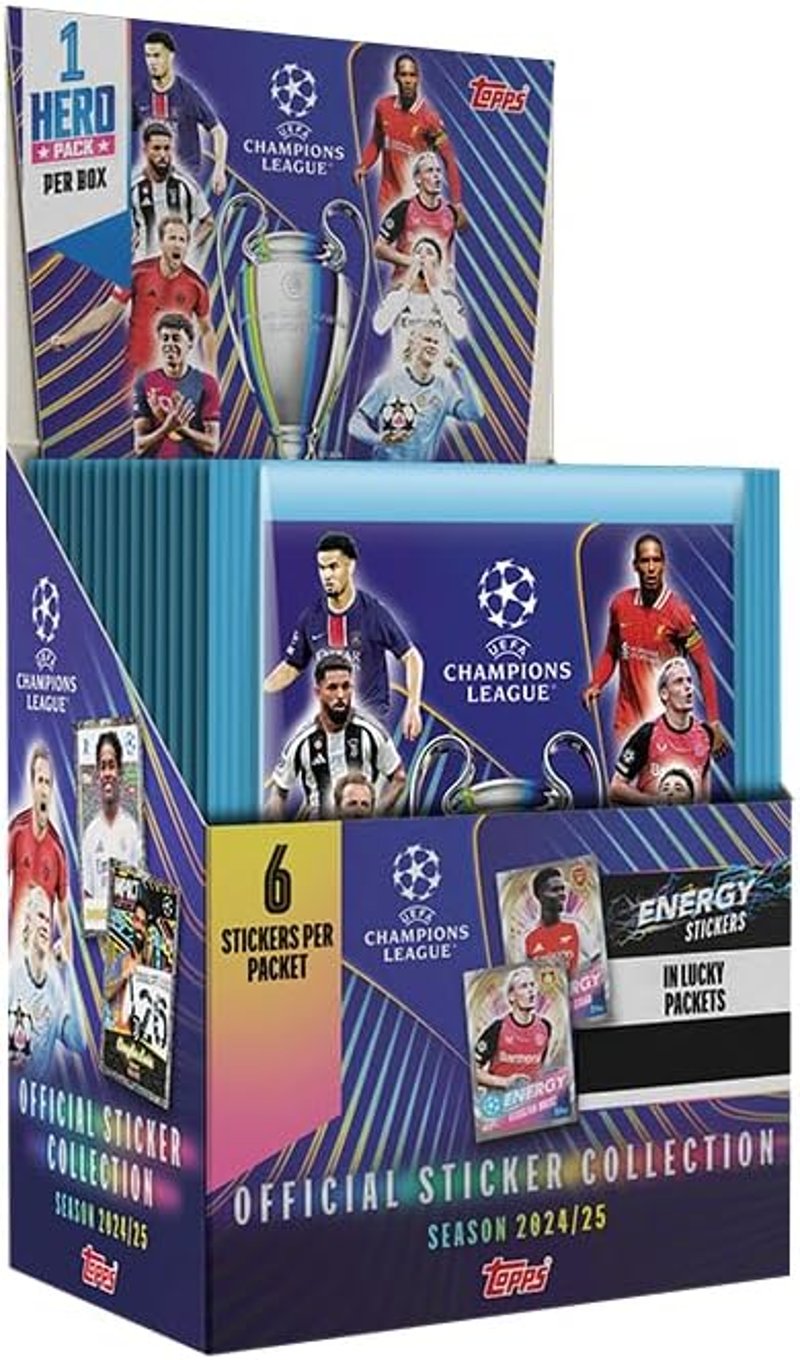 Topps UEFA Bajnokok Ligája 24/25 Matrica Gyűjtemény - Teljes Doboz (50 csomag/300 matrica) Garantált Hero Csomag, Focis Gyűjtőknek