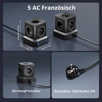 TOPREK 5-zásuvkový predlžovací kábel s 100W PD3.0 USB-C portom (16A/4000W), detskou poistkou, 2 m, vhodný do domácnosti, na internát a do kancelárie 4
