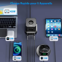 TOPREK 5-zásuvkový predlžovací kábel s 100W PD3.0 USB-C portom (16A/4000W), detskou poistkou, 2 m, vhodný do domácnosti, na internát a do kancelárie 3