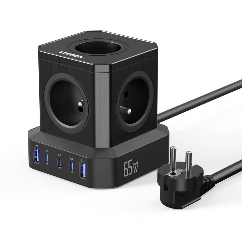 TOPREK 5-zásuvkový predlžovací kábel s 100W PD3.0 USB-C portom (16A/4000W), detskou poistkou, 2 m, vhodný do domácnosti, na internát a do kancelárie