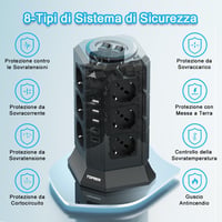 Multipriză Verticală TOPREK cu 12 Prize Universale și 2 Întrerupătoare, Cablu 2 m, Ștecher Schuko 4