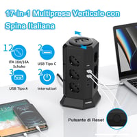 Multipriză Verticală TOPREK cu 12 Prize Universale și 2 Întrerupătoare, Cablu 2 m, Ștecher Schuko 2