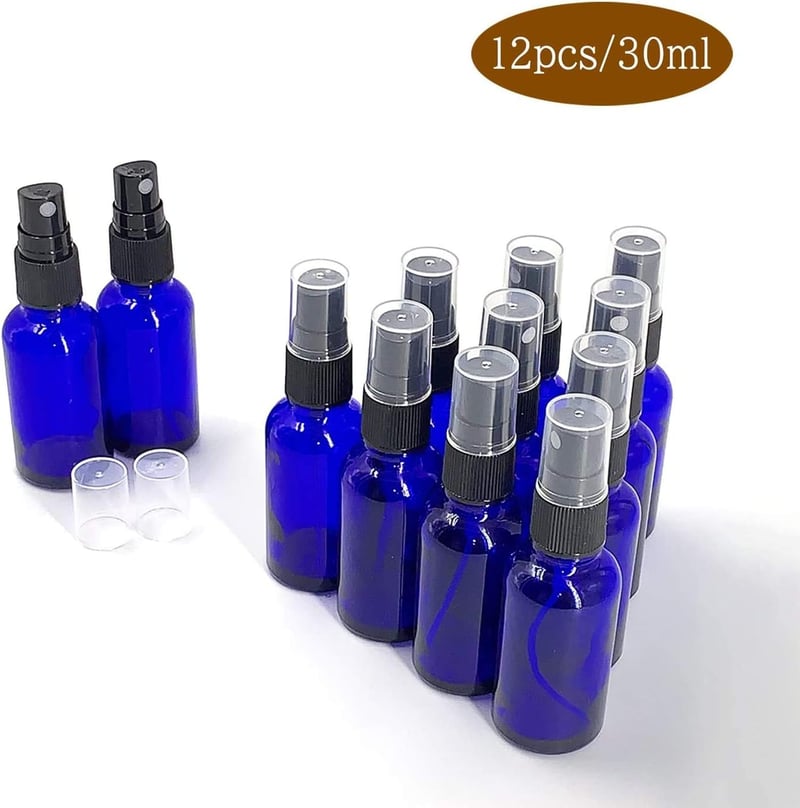 Topsky 12x30ml UV-védett üveg spray palack finom porlasztóval, illóolaj és parfüm tároláshoz kék