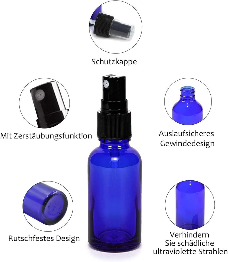 Topsky 12x30ml UV-védett üveg spray palack finom porlasztóval, illóolaj és parfüm tároláshoz kék
