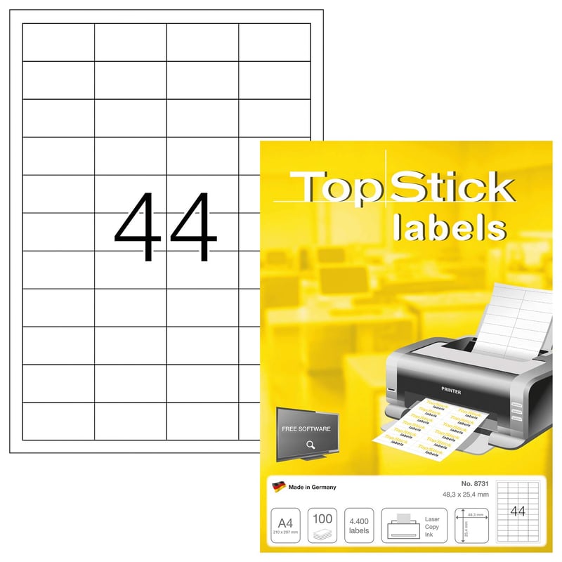 TopStick 8731 Univerzális Öntapadós Címkék, 48,3 x 25,4 mm, 44 db/A4 ív, 44000 db, 1000 lap, Matt, Fehér, Nyomtatható Papír Etikett