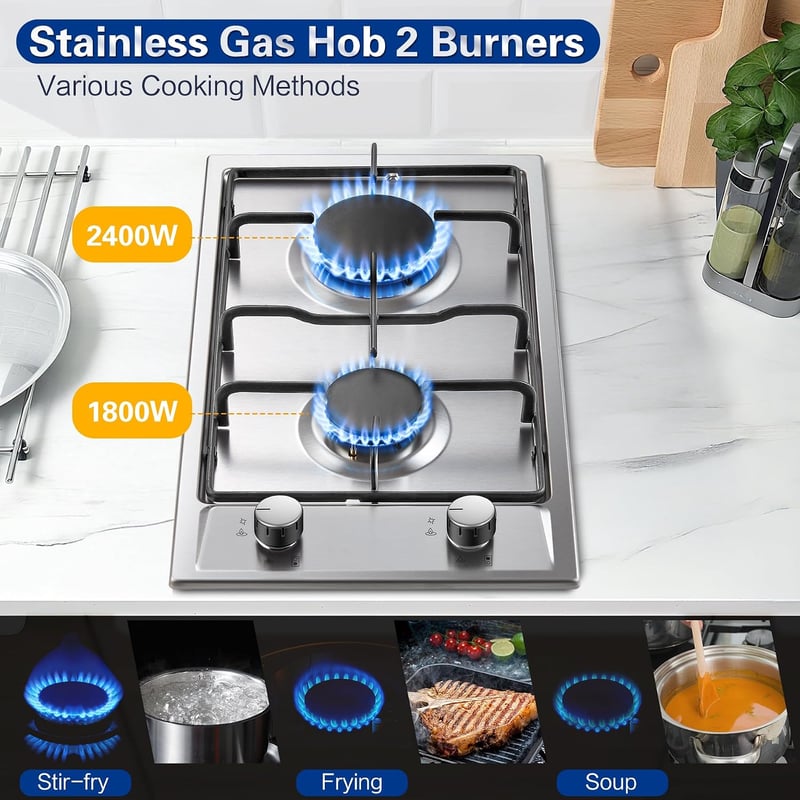 TopStrong 2 égős beépíthető gázfőzőlap 30 cm rozsdamentes 4200 W automata lángvédelemmel földgáz és PB gáz