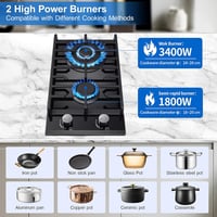 TopStrong 2 Égős Gázfőzőlap, 30 cm Edzett Üveg, Beépíthető, Öntöttvas Tartóval, Kettős Üzemmód, Gyermekzárral, 5200W, Fekete 3