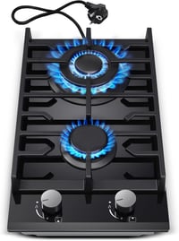 TopStrong 2 Égős Gázfőzőlap, 30 cm Edzett Üveg, Beépíthető, Öntöttvas Tartóval, Kettős Üzemmód, Gyermekzárral, 5200W, Fekete 1